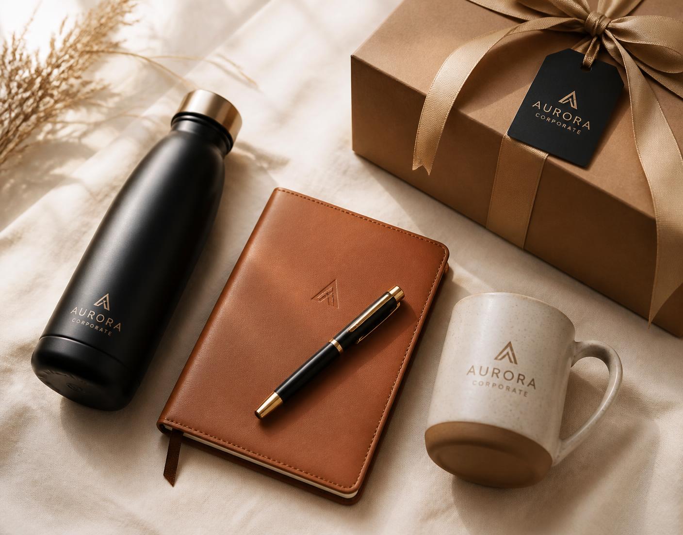 Premium corporate gift set with branded bottle, leather notebook, pen, mug and gift box